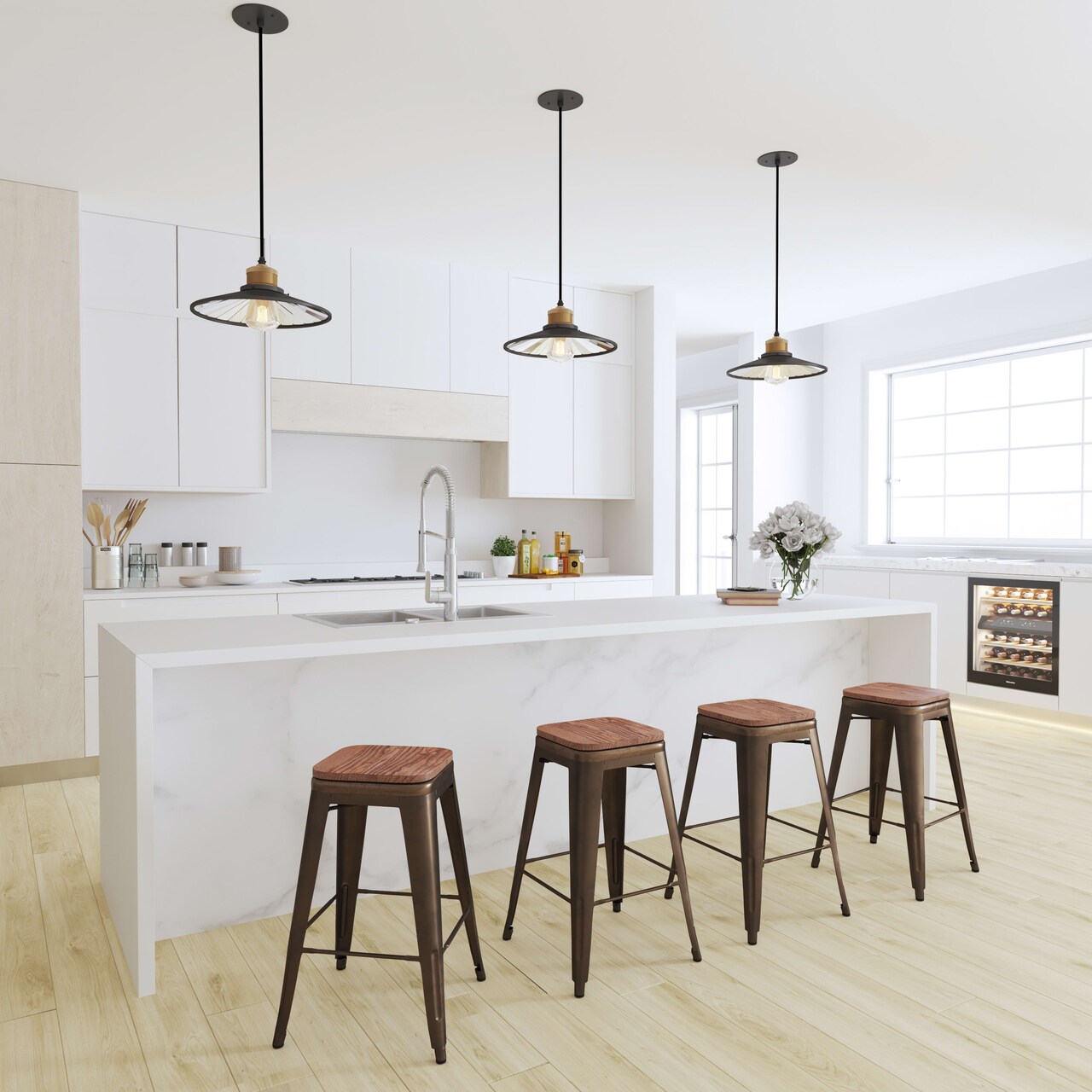 Merrick Lane Brooklyn 24 Inch Tall Stackable Metal Bar Counter Stool With Textured Elm Wood Seat In Set Of 4